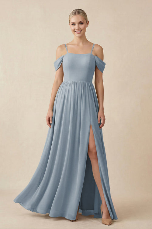 Dusty Blue Off-the-Shoulder Sweetheart A-Line Chiffon Bridesmaid Dress | KISSBRIDAL