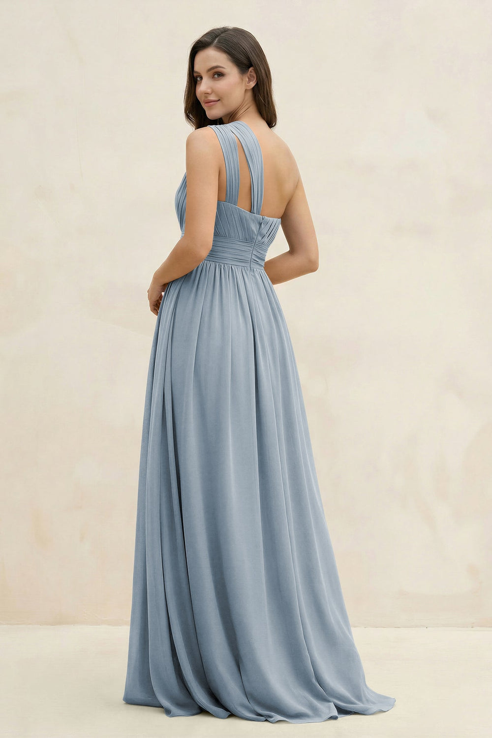 One-Shoulder Pleated A-Line Chiffon Bridesmaid Dress in Dusty Blue