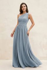 Dusty Blue One-Shoulder Pleated A-Line Chiffon Bridesmaid Dress | KISSBRIDAL