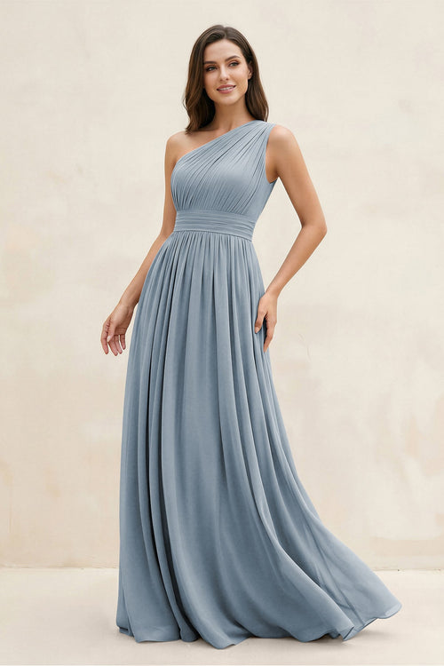 Dusty Blue One-Shoulder Pleated A-Line Chiffon Bridesmaid Dress | KISSBRIDAL