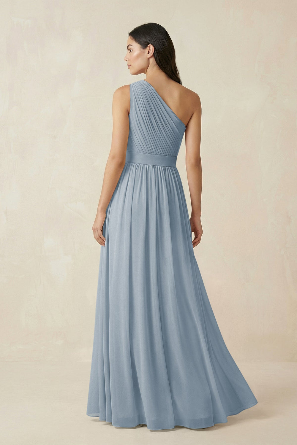 One-Shoulder Pleated Chiffon Bridesmaid Gown in Dusty Blue