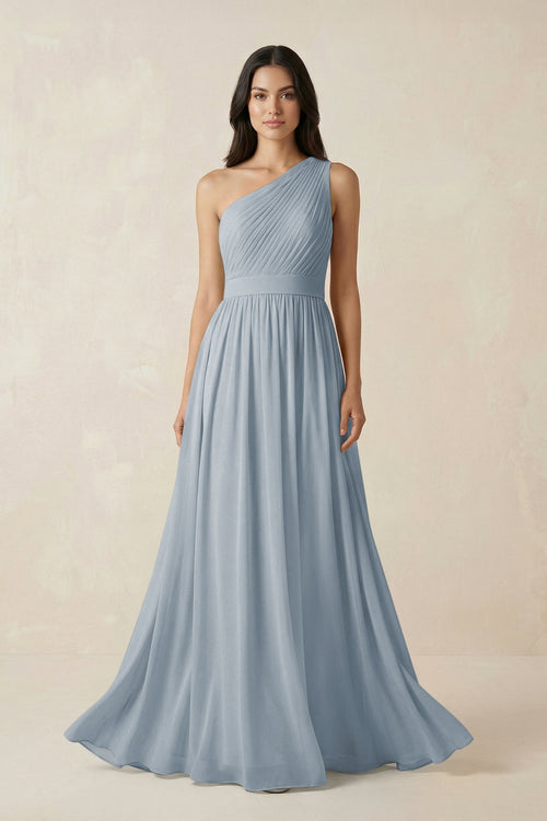 Dusty Blue One-Shoulder Pleated Chiffon Bridesmaid Gown | KISSBRIDAL
