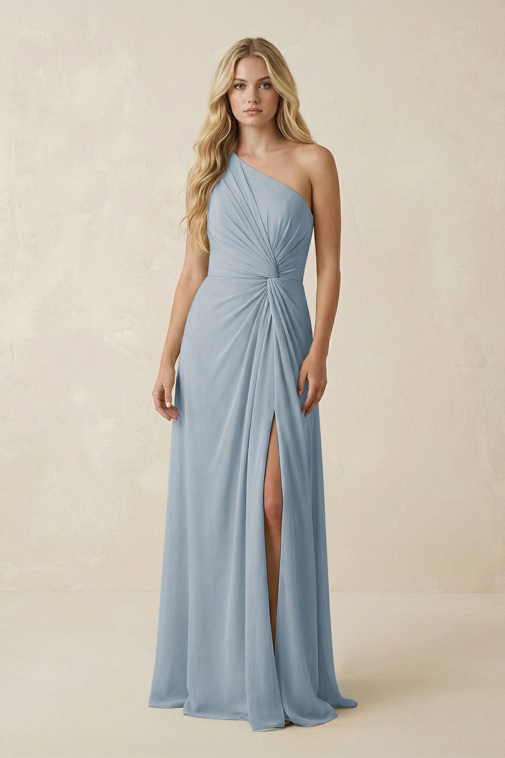 One-Shoulder Ruched A-Line Chiffon Bridesmaid Dress in Dusty Blue