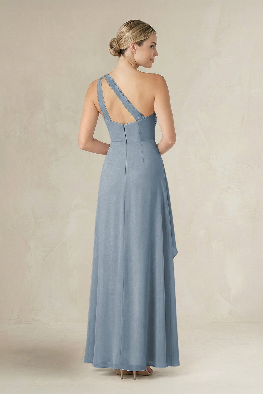 One-Shoulder Sheath Ruched Ruffled Bridesmaid Dress in Dusty Blue