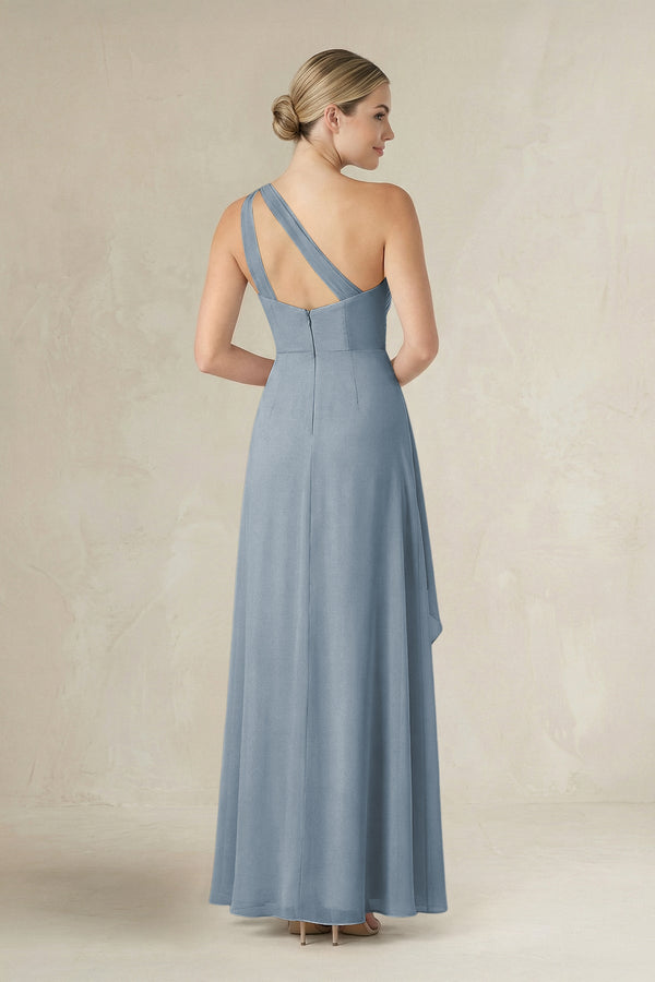 Dusty Blue One-Shoulder Sheath Ruched Ruffled Bridesmaid Dress in Dusty Blue (2) | KISSBRIDAL