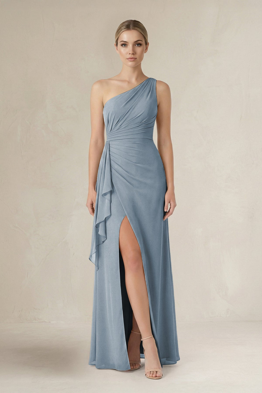 One-Shoulder Sheath Ruched Ruffled Bridesmaid Dress in Dusty Blue
