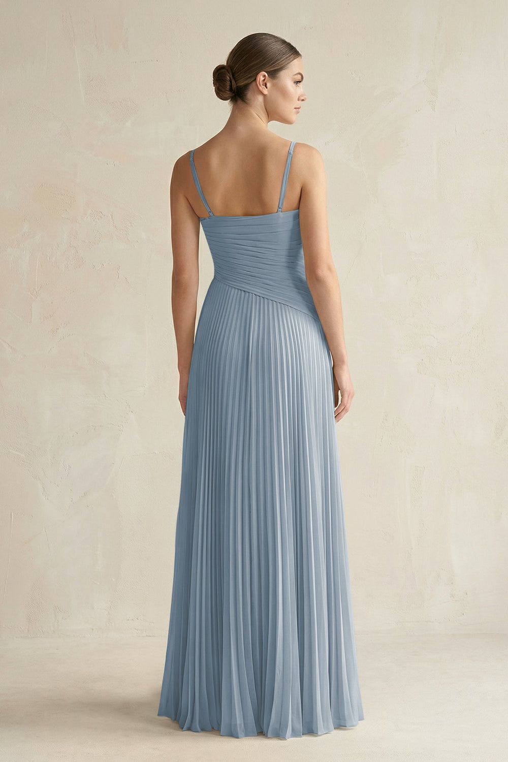 Pleated A-Line Long Chiffon Bridesmaid Dress in Dusty Blue