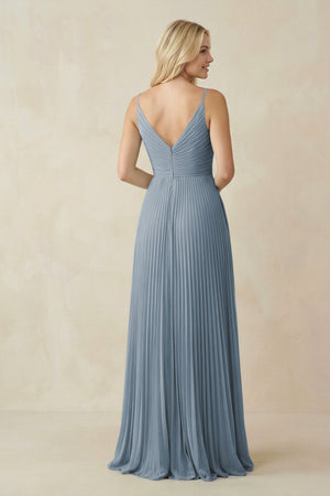 Dusty Blue Pleated V-Neck A-Line Chiffon Bridesmaid Dress (2) | KISSBRIDAL