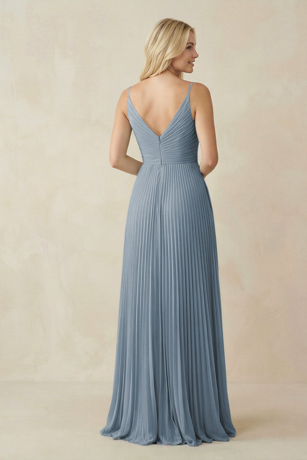 Dusty Blue Pleated V-Neck A-Line Chiffon Bridesmaid Dress (2) | KISSBRIDAL