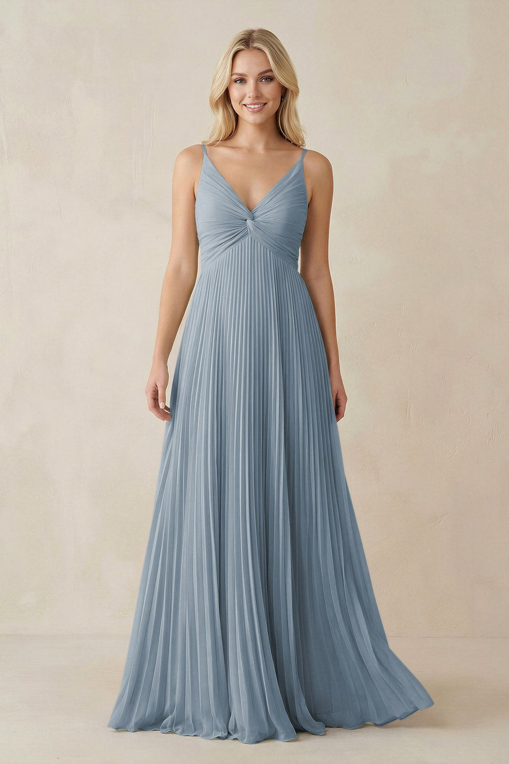 Pleated V-Neck A-Line Chiffon Bridesmaid Dress in Dusty Blue
