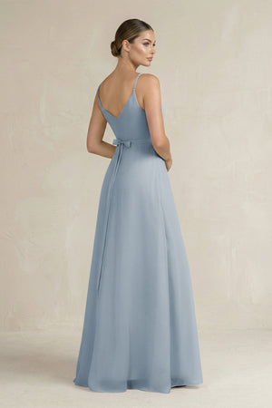 Dusty Blue Ruched A-Line Chiffon Bridesmaid Dress with Slit (2) | KISSBRIDAL