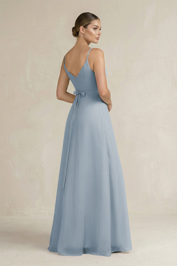 Dusty Blue Ruched A-Line Chiffon Bridesmaid Dress with Slit (2) | KISSBRIDAL