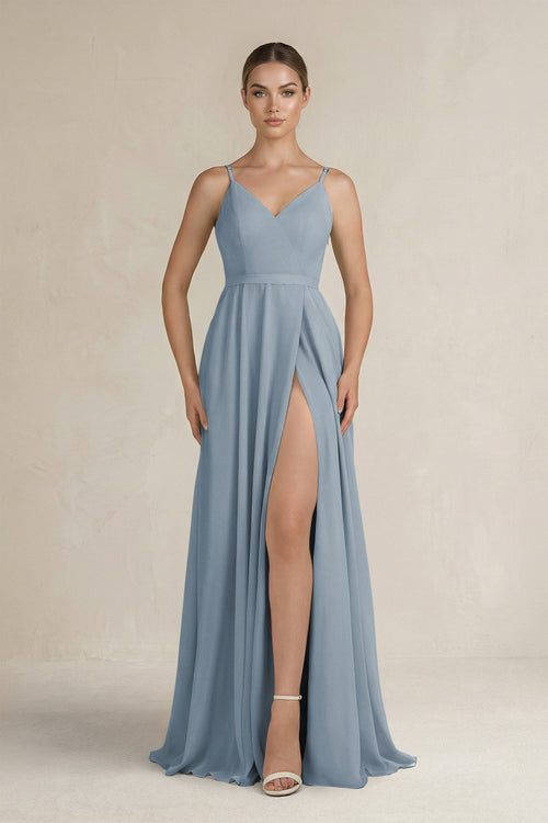Dusty Blue Ruched A-Line Chiffon Bridesmaid Dress with Slit | KISSBRIDAL