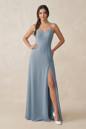 Dusty Blue Ruched Sheath Chiffon Bridesmaid Dress | KISSBRIDAL