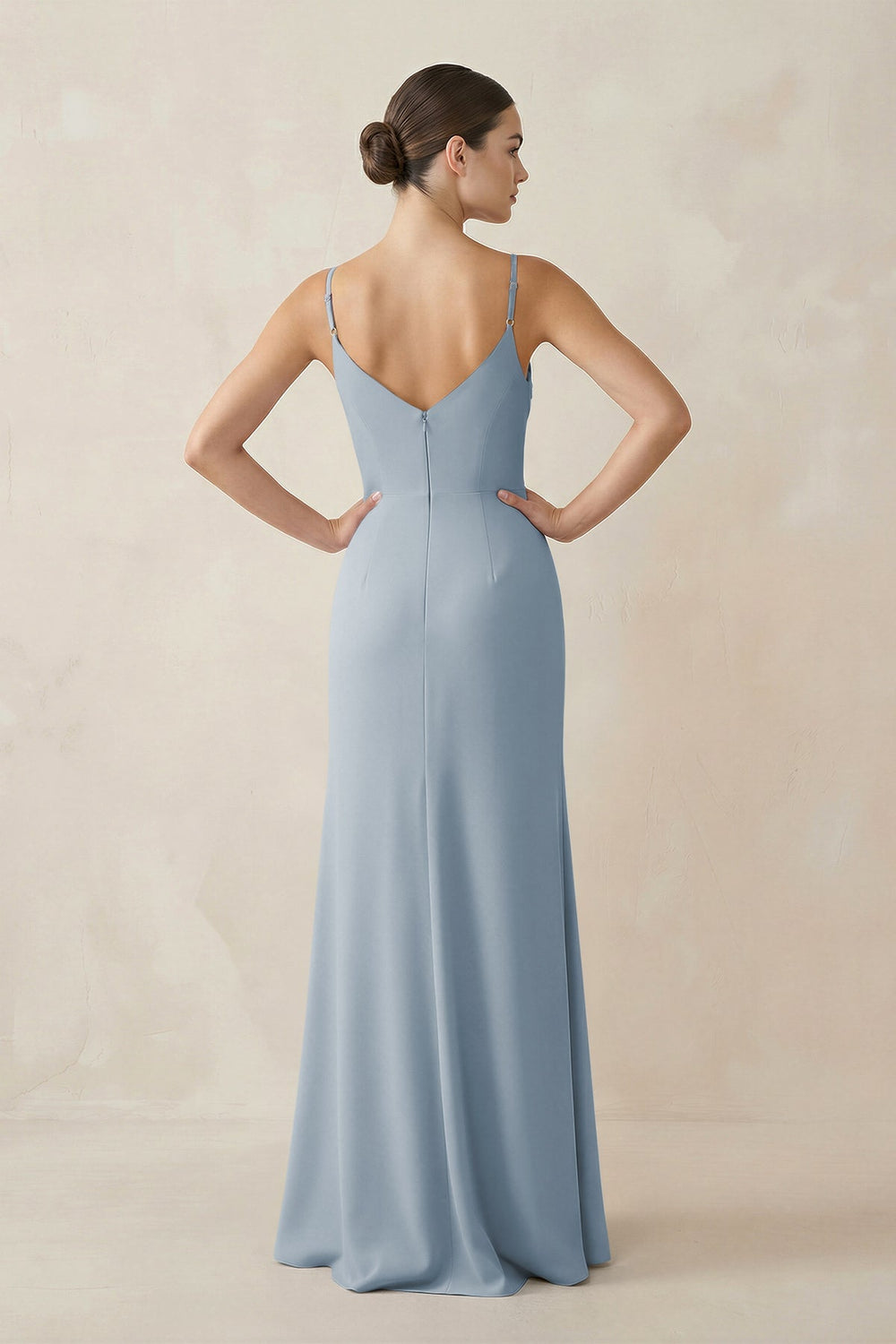 Ruched Sheath Spaghetti Strap Chiffon Bridesmaid Dress in Dusty Blue