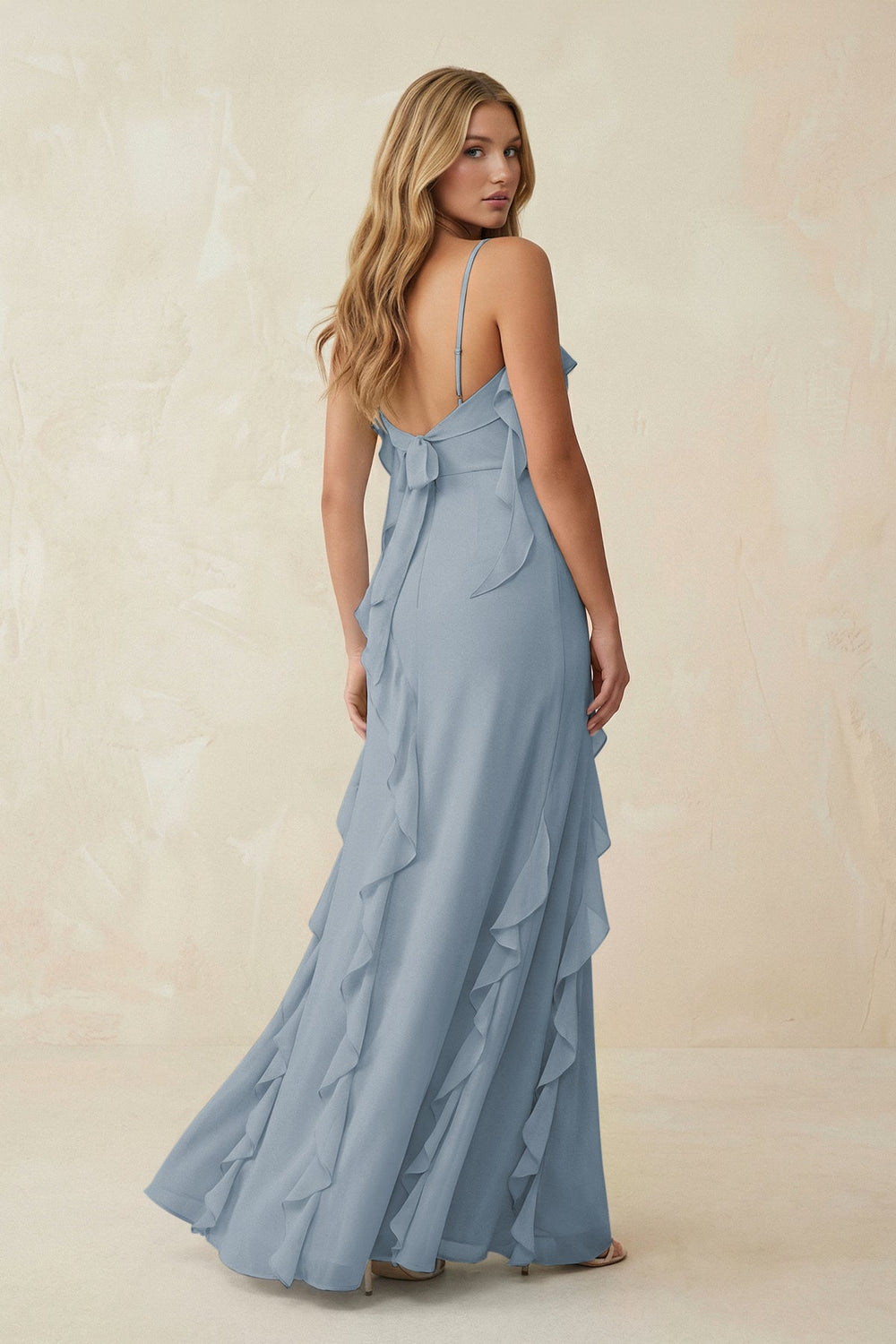 Ruffled Cami Strap Chiffon Sheath Bridesmaid Dress in Dusty Blue