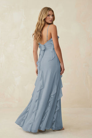 Dusty Blue Ruffled Cami Strap Chiffon Sheath Bridesmaid Dress (2) | KISSBRIDAL