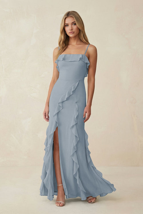 Dusty Blue Ruffled Cami Strap Chiffon Sheath Bridesmaid Dress | KISSBRIDAL