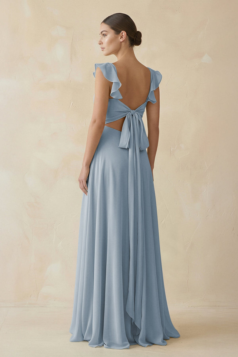 Ruffled Chiffon A-Line Long Bridesmaid Dress in Dusty Blue
