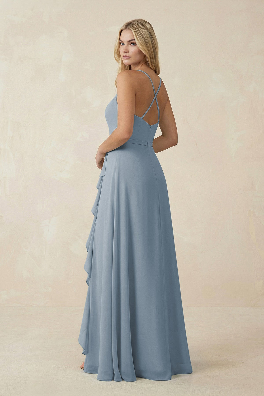 Ruffled Hem A-Line Chiffon Bridesmaid Dress in Dusty Blue