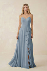 Dusty Blue Ruffled Hem A-Line Chiffon Bridesmaid Dress | KISSBRIDAL