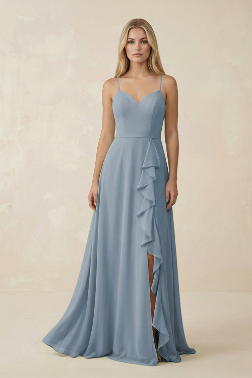 Dusty Blue Ruffled Hem A-Line Chiffon Bridesmaid Dress | KISSBRIDAL