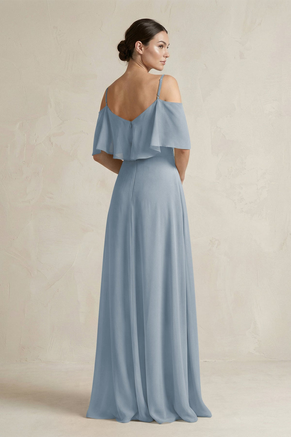 Ruffled Off-the-Shoulder A-Line Chiffon Bridesmaid Gown in Dusty Blue