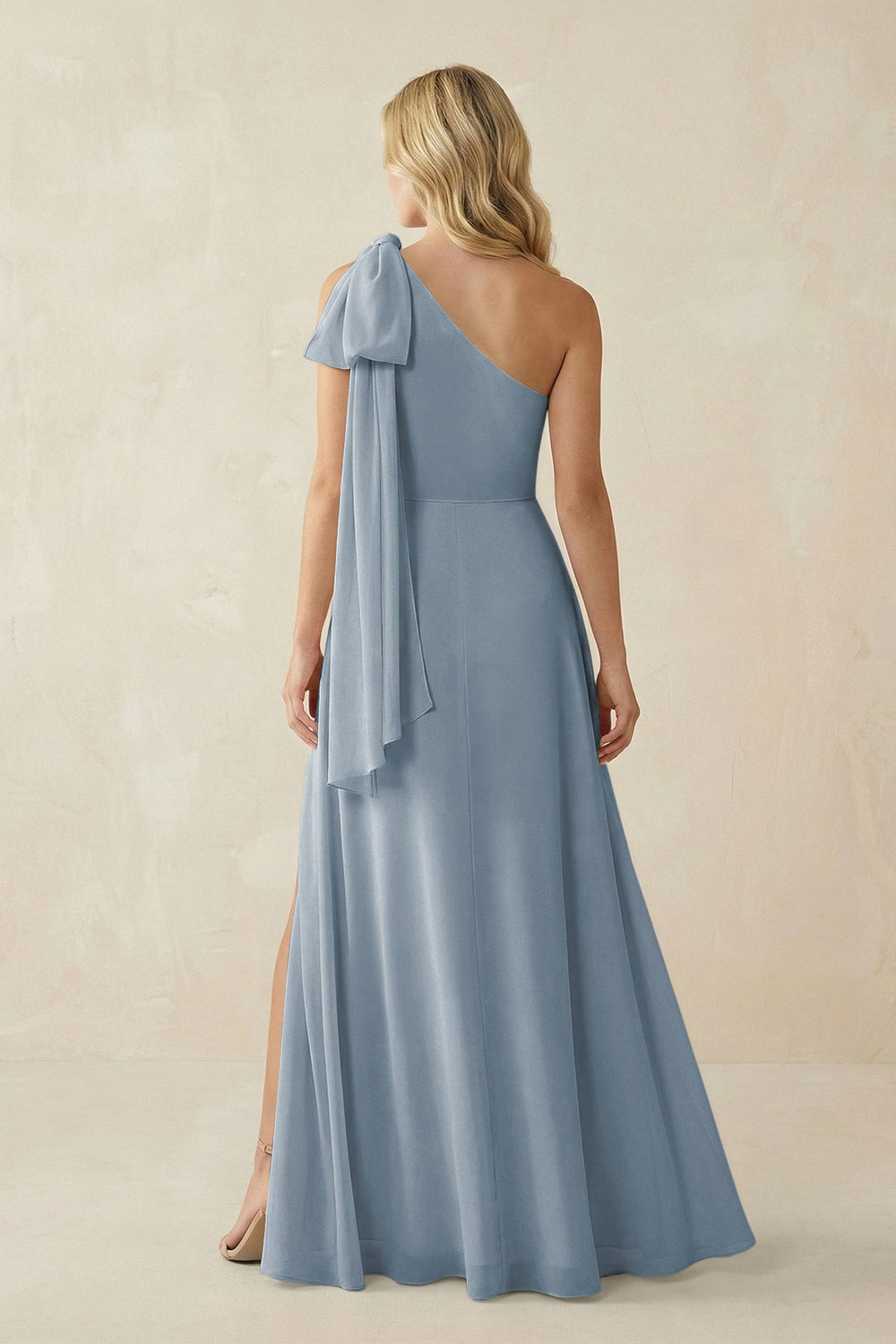 Ruffled One Shoulder Chiffon Bridesmaid Dress With Slit in Dusty Blue