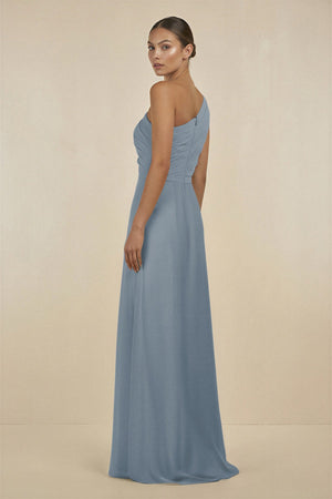 Dusty Blue Ruffled One-Shoulder Pleated Sheath Bridesmaid Dress (2) | KISSBRIDAL