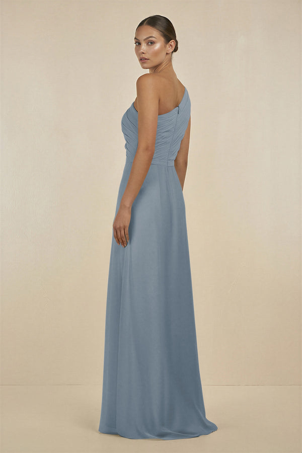 Dusty Blue Ruffled One-Shoulder Pleated Sheath Bridesmaid Dress (2) | KISSBRIDAL