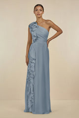 Dusty Blue Ruffled One-Shoulder Pleated Sheath Bridesmaid Dress | KISSBRIDAL