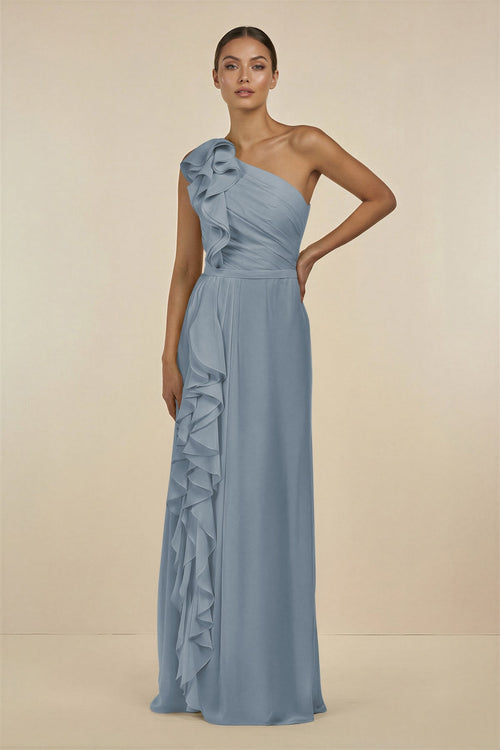 Dusty Blue Ruffled One-Shoulder Pleated Sheath Bridesmaid Dress | KISSBRIDAL