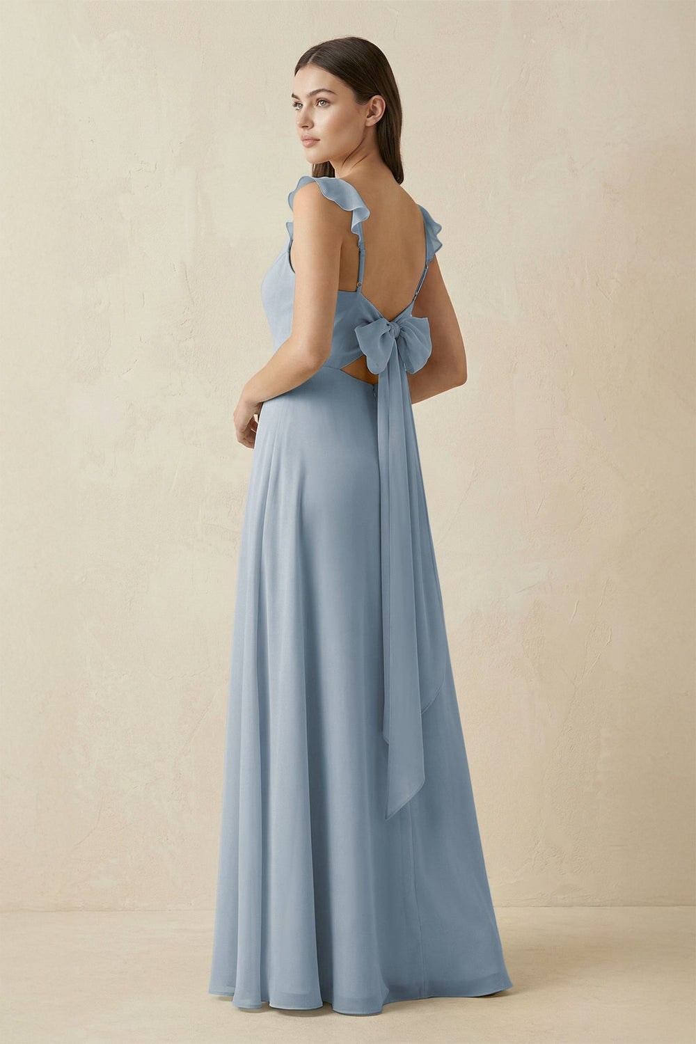 Ruffled Sleeve A-Line Chiffon Bridesmaid Dress in Dusty Blue