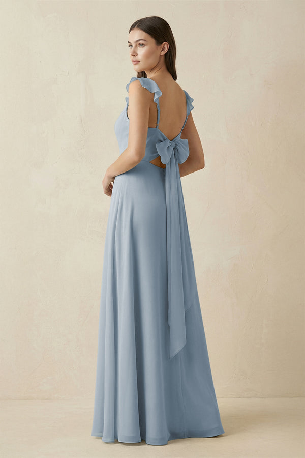 Dusty Blue Ruffled Sleeve A-Line Chiffon Bridesmaid Dress (2) | KISSBRIDAL