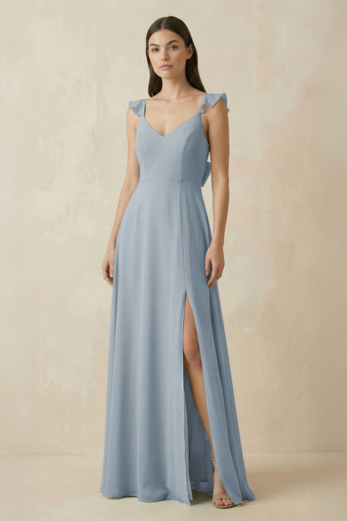 Dusty Blue Ruffled Sleeve A-Line Chiffon Bridesmaid Dress | KISSBRIDAL
