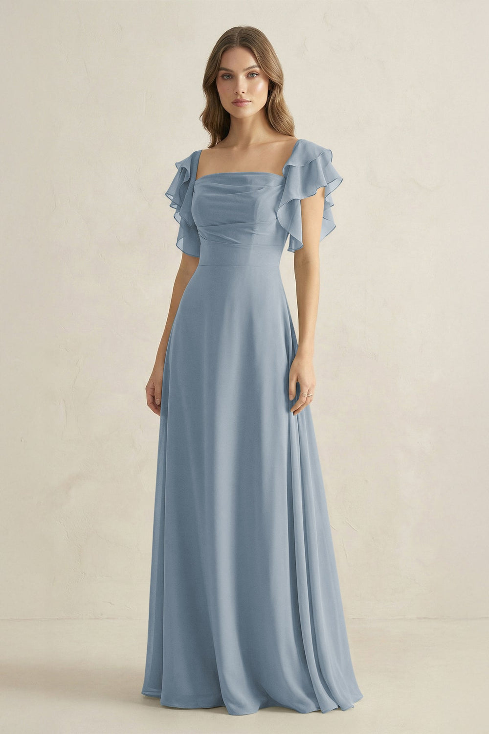 Ruffled Sleeves A-Line Chiffon Bridesmaid Dress in Dusty Blue