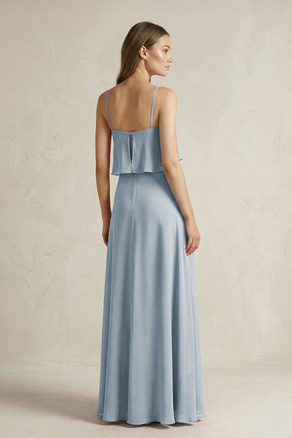 Dusty Blue Ruffled Spaghetti Strap A-Line Chiffon Bridesmaid Dress in Dusty Blue (2) | KISSBRIDAL
