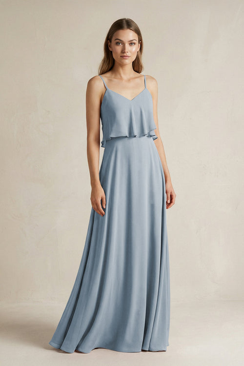Dusty Blue Ruffled Spaghetti Strap A-Line Chiffon Bridesmaid Dress in Dusty Blue | KISSBRIDAL