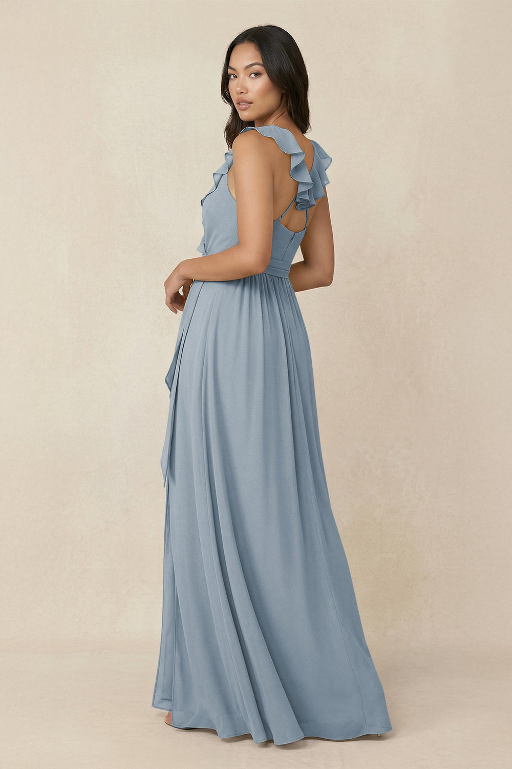 Ruffled V-Neck A-Line Chiffon Bridesmaid Dress in Dusty Blue