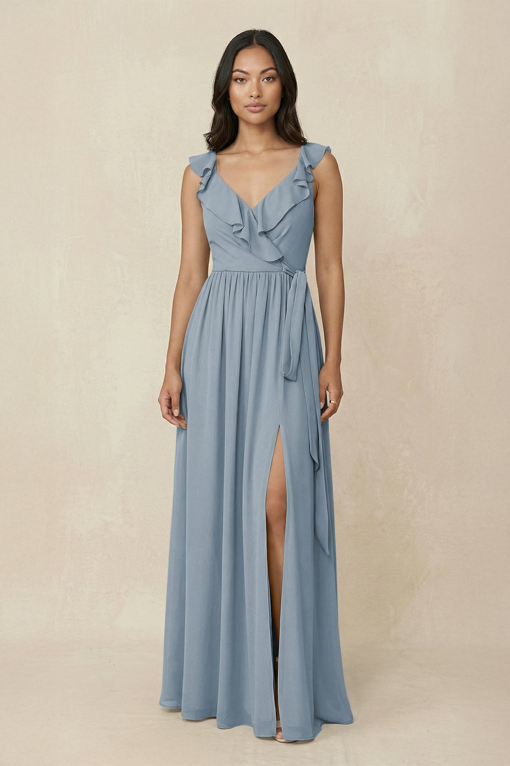 Ruffled V-Neck A-Line Chiffon Bridesmaid Dress in Dusty Blue