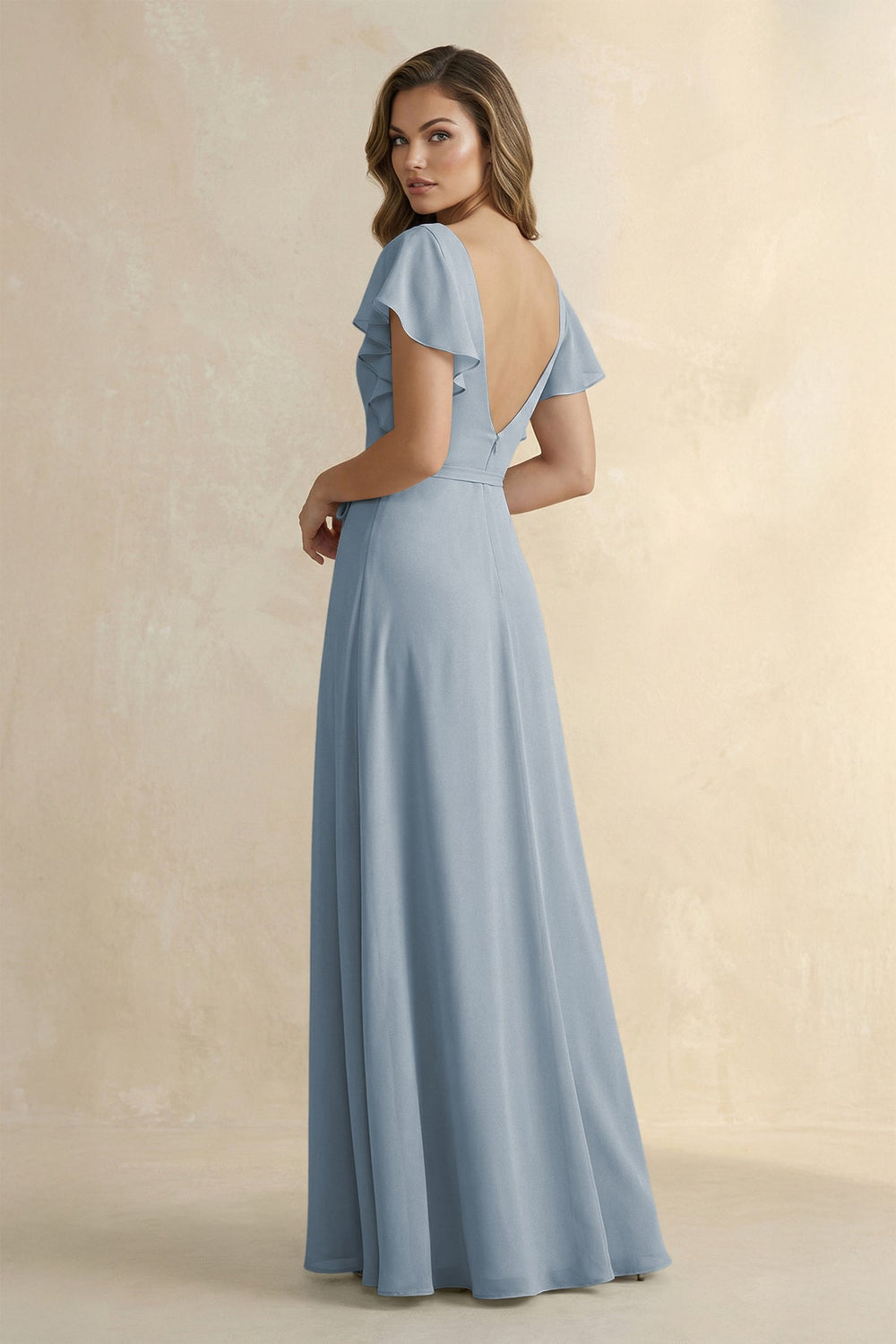 Ruffled V-Neck Chiffon A-Line Bridesmaid Dress in Dusty Blue