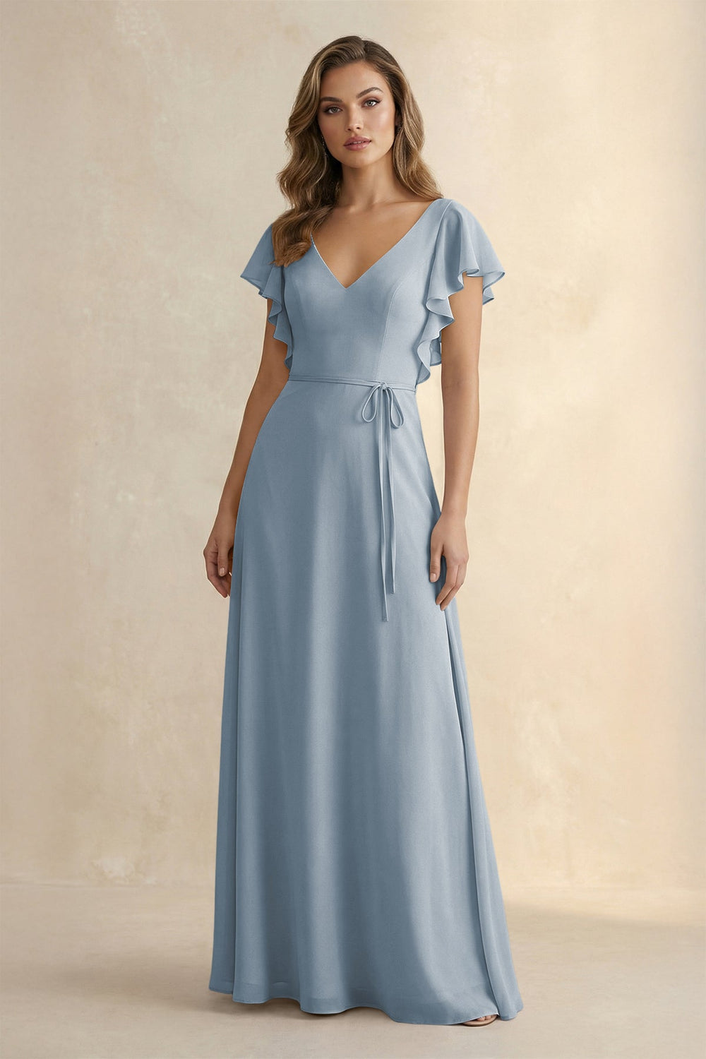 Ruffled V-Neck Chiffon A-Line Bridesmaid Dress in Dusty Blue