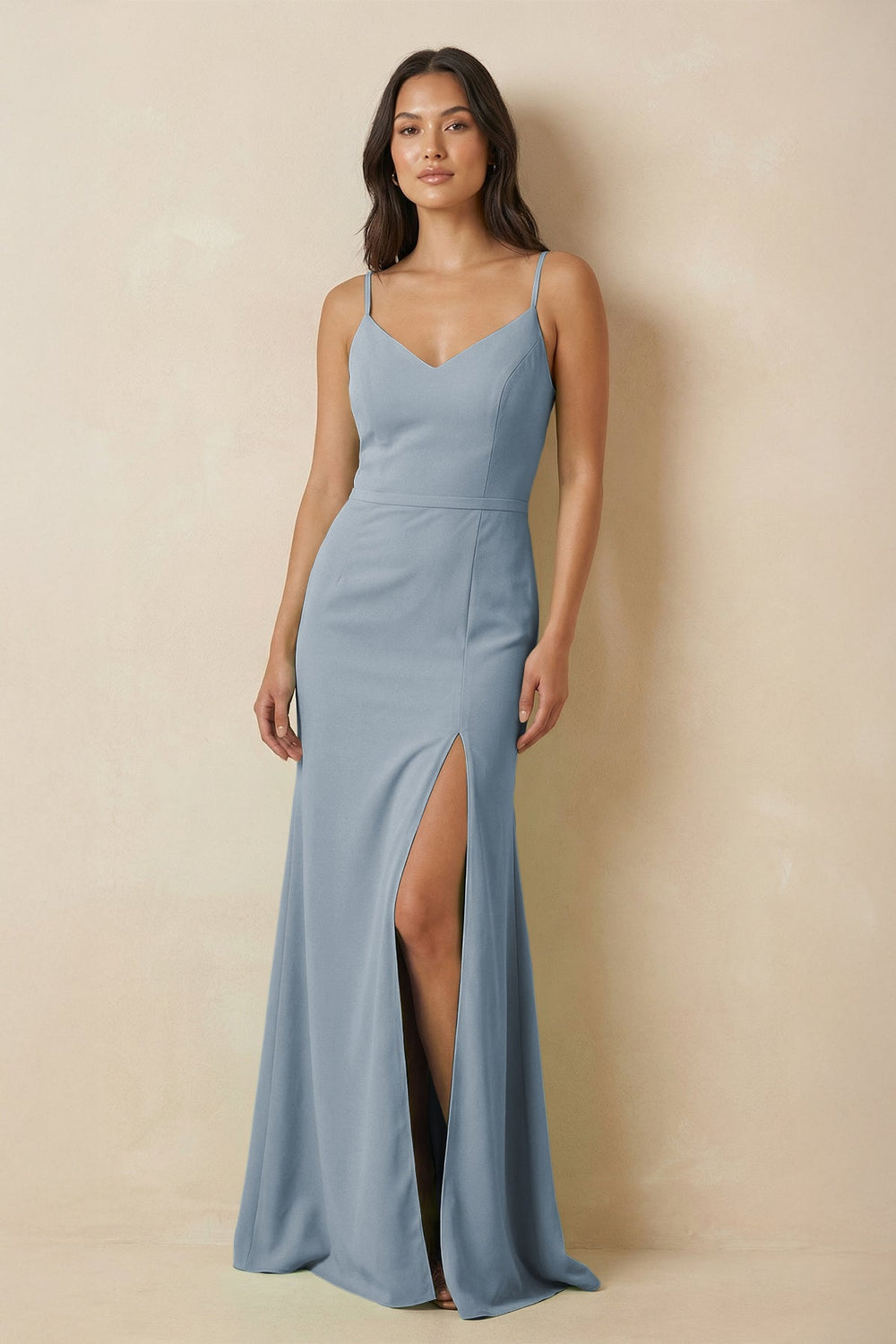 Sheath Cami Strap Chiffon Bridesmaid Dress with Slit in Dusty Blue