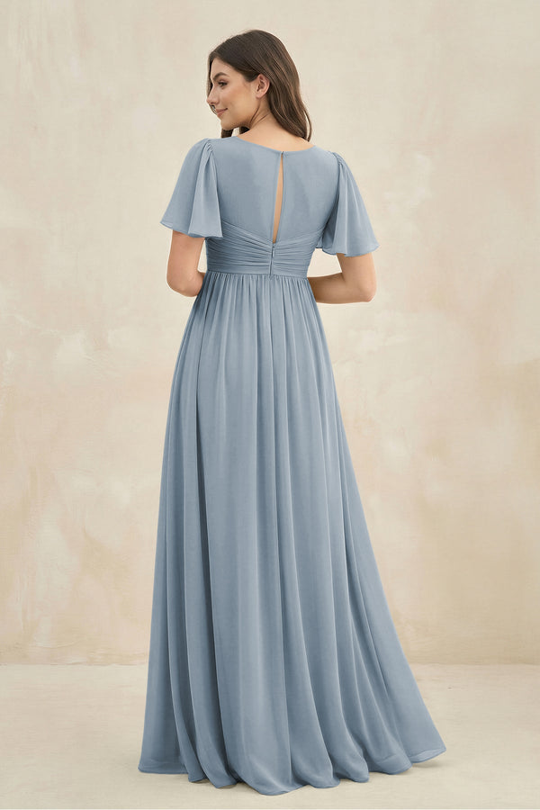 Dusty Blue Short Sleeve Chiffon V-Neck A-Line Bridesmaid Dress (2) | KISSBRIDAL