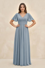 Dusty Blue Short Sleeve Chiffon V-Neck A-Line Bridesmaid Dress | KISSBRIDAL