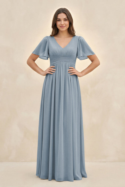 Dusty Blue Short Sleeve Chiffon V-Neck A-Line Bridesmaid Dress | KISSBRIDAL