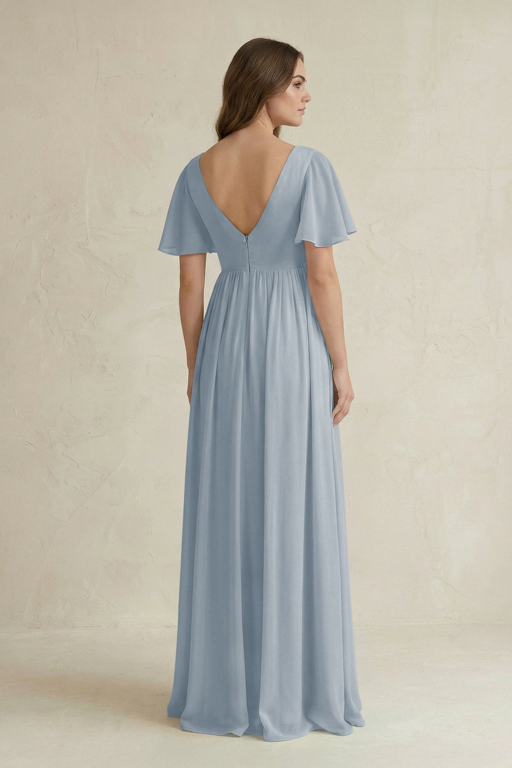 Short Sleeve V-Neck A-Line Chiffon Bridesmaid Dress in Dusty Blue