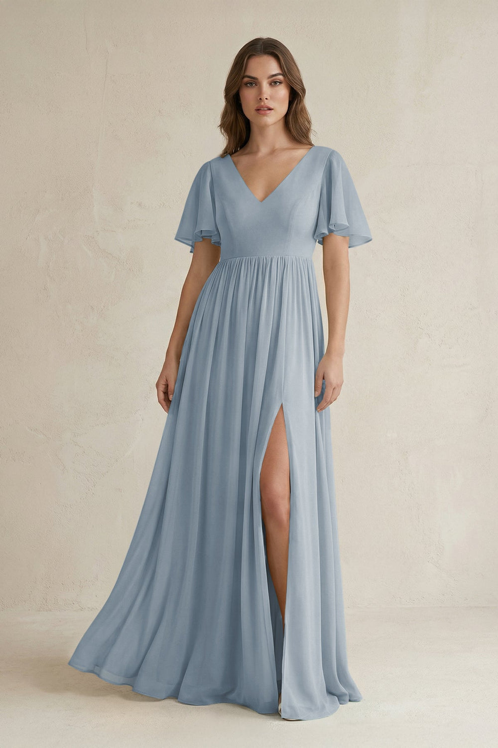 Short Sleeve V-Neck A-Line Chiffon Bridesmaid Dress in Dusty Blue