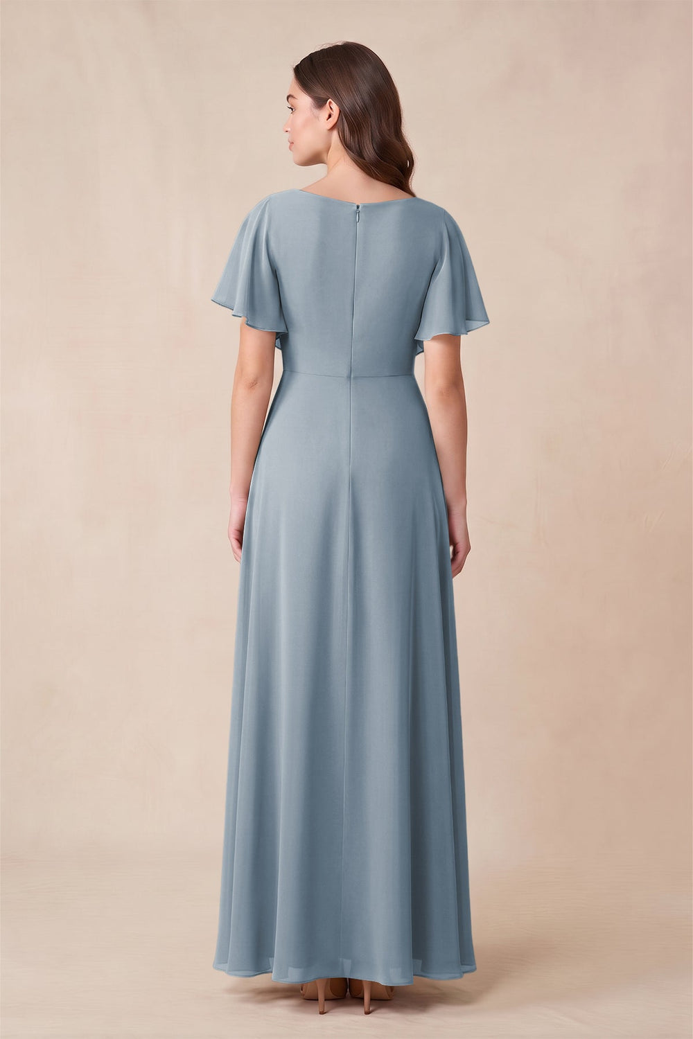Short Sleeves Bateau A-Line Chiffon Bridesmaid Dress in Dusty Blue