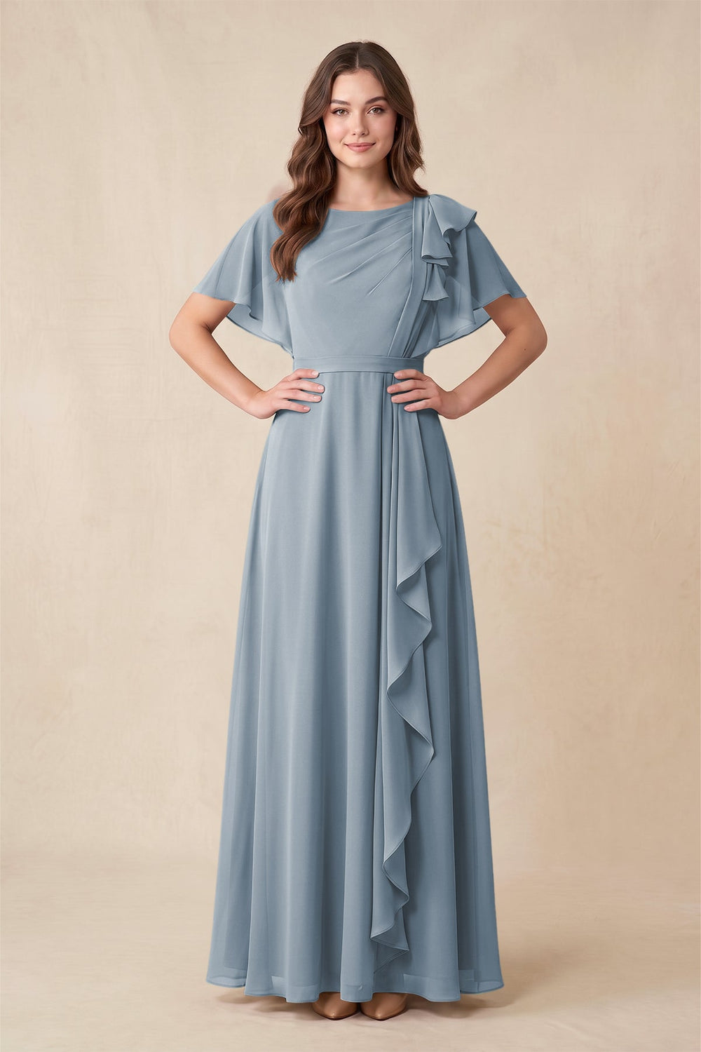 Short Sleeves Bateau A-Line Chiffon Bridesmaid Dress in Dusty Blue